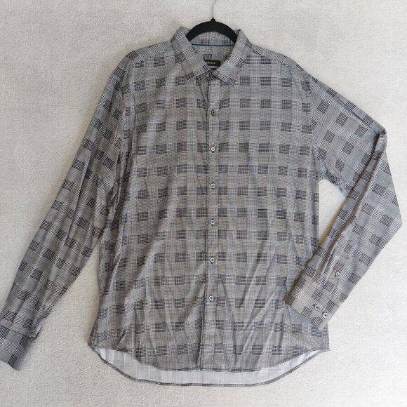 Bugatchi Shaped Fit Button Shirt Mens Large Herringbone Grid Plaid Black White - Picture 1 of 9